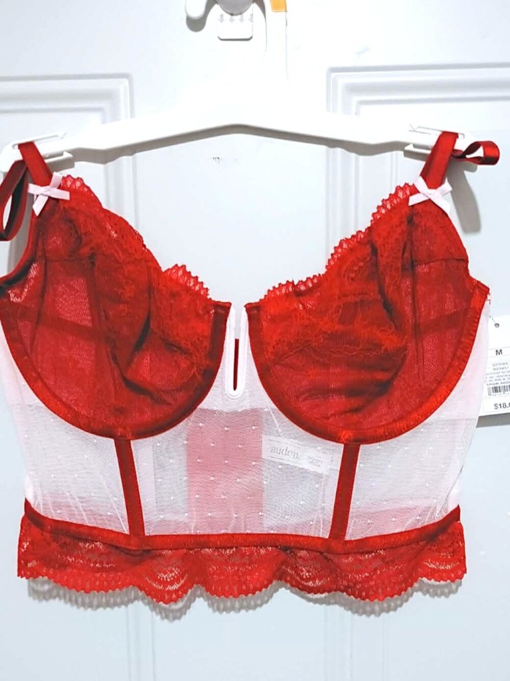 NWT Auden Bustier, White with Red Lace Cups and Trim, Womens size M